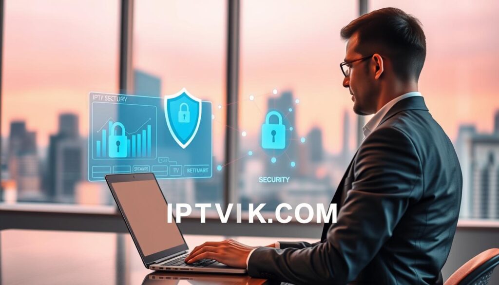 A modern office environment showcasing IPTV security features. In the foreground, a professional-looking person in business attire is engaged with a sleek laptop, analyzing IPTV security software on the screen, displaying graphs and lock icons symbolizing protection. The middle section features a digital security shield and a network diagram, illustrating data encryption and online stability. The background presents a blurred city skyline through a large window, hinting at the high-tech nature of IPTV services. Soft, ambient lighting casts a warm glow over the scene, enhancing the focus on the subject and the technology. The overall mood is one of professionalism and vigilance, emphasizing the importance of security for IPTV users. Incorporate the brand name "IPTVVUK.COM" subtly within the design elements.
