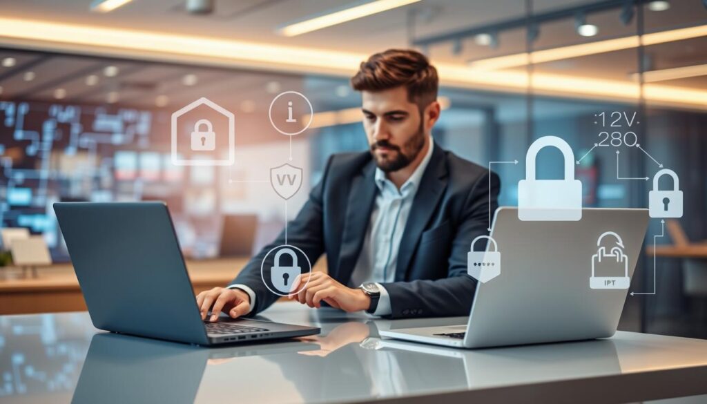 A modern office environment showcasing "IPTVVUK.COM" security best practices. In the foreground, a professional-looking person in business attire is seated at a sleek desk, interacting with a laptop displaying security software. Their focused expression suggests concentration on streaming safely. In the middle ground, various cybersecurity elements such as a firewall icon, VPN symbols, and passwords are illustrated as digital overlays, creating a sense of digital security concepts. The background features a blurred image of a high-tech network infrastructure, symbolizing connectivity and protection. Soft, ambient lighting casts a warm glow, enhancing a serious yet hopeful atmosphere regarding IPTV security. The angle is slightly above eye level, providing a clear view of the desk and user interaction, without any text or logos apart from "IPTVVUK.COM".