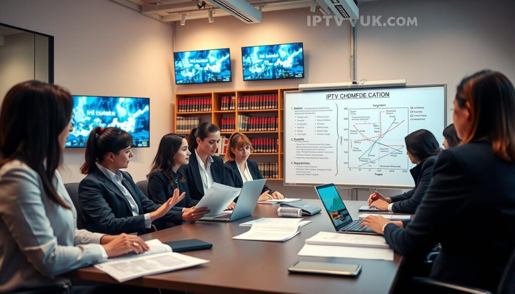 A modern office environment showcasing a professional meeting discussing IPTV legal considerations in Quebec. In the foreground, a diverse group of business professionals in smart attire (suits and blouses) engaged in a discussion, some examining legal documents and others using laptops displaying graphs and legal terms. The middle ground features a large whiteboard with complex diagrams and bullet points about IPTV regulations. In the background, shelves filled with law books and digital screens displaying streaming data. Soft, warm lighting creates an inviting and focused atmosphere, while a wide-angle view captures the collaborative effort in a contemporary setting. The brand "IPTVVUK.COM" subtly integrated into the decor as a part of the meeting materials.
