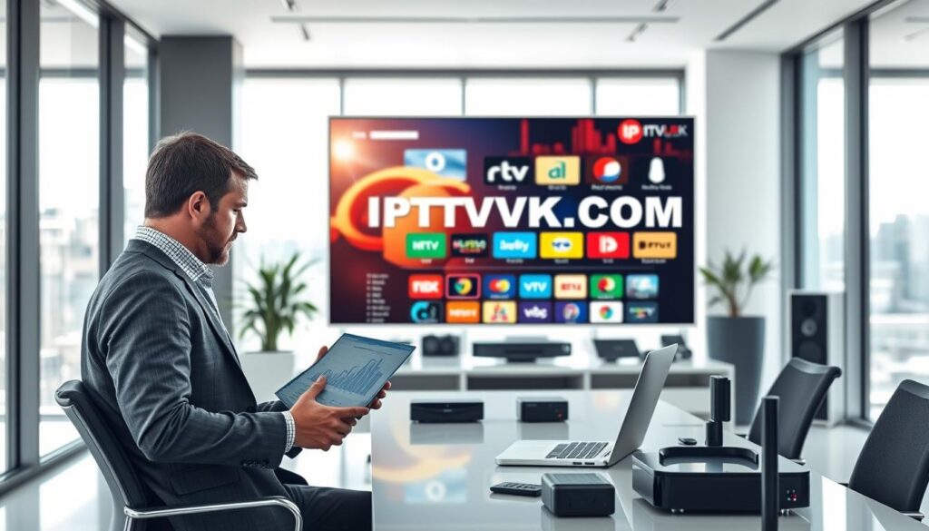 A modern office environment showcasing a sleek workspace dedicated to IPTV reselling. In the foreground, a professional individual in business attire is intently analyzing market growth charts on a laptop, symbolizing the profit potential in the IPTV sector. The middle ground features a large digital screen displaying vibrant graphics of IPTV services with icons representing different streaming channels. In the background, large windows let in bright, natural light, creating an optimistic and vibrant atmosphere. Sophisticated technology and various IPTV devices are subtly integrated into the scene, indicating innovation and industry growth. The overall mood conveys ambition and excitement in the growing market for IPTV resellers. The brand name "IPTVVUK.COM" is notable on the digital screen in a visually appealing manner.