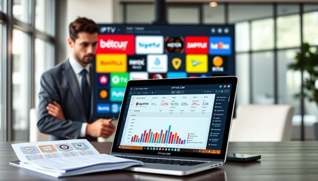 A modern office setting showcasing a comparison of IPTV services, specifically highlighting IPTVVUK.COM. In the foreground, a sleek laptop with an open spreadsheet featuring charts and statistics about different IPTV services. To the left, a professional businessperson in smart attire analyzing the data, with a focused expression. The middle ground features a large interactive touchscreen displaying vibrant logos and features of various IPTV services, each represented with distinct colors and graphics. The background is softly blurred, hinting at a contemporary office environment with minimalistic décor and natural light streaming through large windows, creating a bright, professional atmosphere. The overall mood is one of concentration and expertise, reflecting the evaluation process of the best IPTV services in Canada.