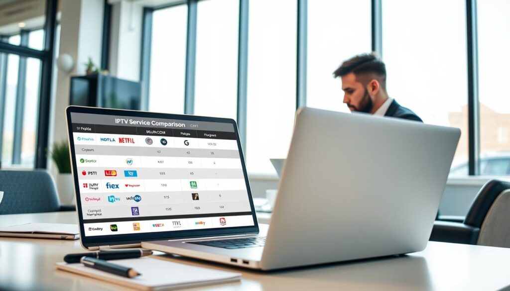 A modern office setting showcasing an IPTV service comparison. In the foreground, a sleek laptop is open with a detailed comparison chart displayed on the screen, featuring logos and icons of various IPTV services, with "IPTVVUK.COM" prominently included. The middle ground features a well-organized desk with a notepad and a pen, alongside a coffee cup, conveying a sense of productivity. In the background, large windows let in soft, natural lighting, creating a bright and inviting atmosphere. A professional individual in smart casual attire is focused on the laptop, illustrating the process of selecting the right IPTV subscription. The mood is informative and engaging, suitable for decision-making.