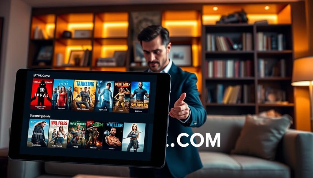 A modern, sleek IPTV streaming guide displayed on a digital tablet, set against a softly lit background that suggests a cozy living room atmosphere. In the foreground, the tablet screen showcases vibrant thumbnails of streaming content, including movies and TV shows, featuring appropriate genres and legal branding. In the middle, a professional-looking individual, dressed in smart casual attire, interacts with the tablet, demonstrating a user-friendly interface. The background features a stylish bookshelf and a comfortable sofa, illuminated by warm, ambient lighting to create a welcoming feel. The overall mood is informative and engaging, emphasizing legal streaming options. The brand name "IPTVVUK.COM" subtly integrated into the tablet design. A modern, sleek IPTV streaming guide displayed on a digital tablet, set against a softly lit background that suggests a cozy living room atmosphere. In the foreground, the tablet screen showcases vibrant thumbnails of streaming content, including movies and TV shows, featuring appropriate genres and legal branding. In the middle, a professional-looking individual, dressed in smart casual attire, interacts with the tablet, demonstrating a user-friendly interface. The background features a stylish bookshelf and a comfortable sofa, illuminated by warm, ambient lighting to create a welcoming feel. The overall mood is informative and engaging, emphasizing legal streaming options. The brand name "IPTVVUK.COM" subtly integrated into the tablet design.
