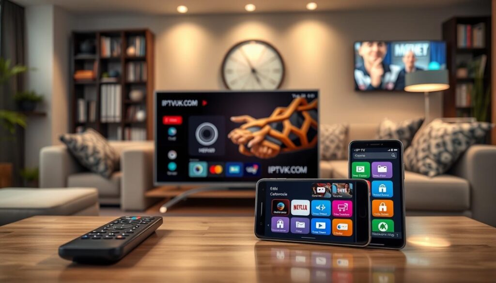 A modern, sleek IPTV streaming interface displayed on a high-resolution television screen in a cozy living room setting. In the foreground, a stylish coffee table holds a remote control and a smartphone, both showcasing the user-friendly IPTVVUK.COM app interface with visually appealing icons for various features like live TV, video on demand, and a customizable channel guide. In the middle, a comfortable couch adorned with decorative cushions invites viewers in for an immersive entertainment experience. The background features a well-lit modern living room with soft, warm lighting, and a bookshelf filled with media collections. The atmosphere is inviting and relaxed, creating a sense of enjoyment and convenience associated with IPTV streaming. Capture this scene from a slightly angled perspective to highlight depth and dimension. A modern, sleek IPTV streaming interface displayed on a high-resolution television screen in a cozy living room setting. In the foreground, a stylish coffee table holds a remote control and a smartphone, both showcasing the user-friendly IPTVVUK.COM app interface with visually appealing icons for various features like live TV, video on demand, and a customizable channel guide. In the middle, a comfortable couch adorned with decorative cushions invites viewers in for an immersive entertainment experience. The background features a well-lit modern living room with soft, warm lighting, and a bookshelf filled with media collections. The atmosphere is inviting and relaxed, creating a sense of enjoyment and convenience associated with IPTV streaming. Capture this scene from a slightly angled perspective to highlight depth and dimension.
