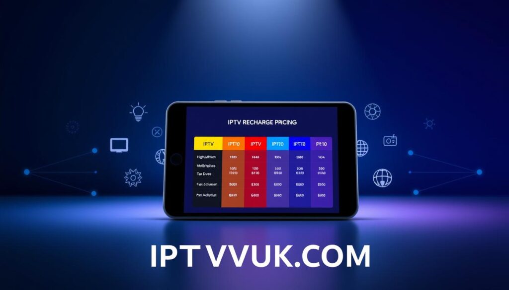 A modern, sleek digital display showcasing "IPTV Recharge Pricing" prominently, set against a tech-inspired backdrop with a gradient from dark blue to light blue. In the foreground, a stylish tablet or smartphone is displaying a pricing chart, with vibrant colors representing different pricing tiers. In the middle, elegant icons representing various IPTV features, such as high definition, multiple devices, and fast activation, flow around the device. The background features subtle, abstract shapes that imply digital connectivity, like network nodes and lines. Soft, focused lighting highlights the device, creating a professional atmosphere that's engaging yet informative. The brand name "IPTVVUK.COM" is elegantly integrated into the design. The overall mood conveys clarity and modernity, emphasizing security and simplicity in IPTV recharge options.