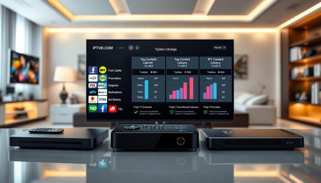 A modern, sleek digital space showcasing a comparison of IPTV content libraries. In the foreground, elegant streaming devices displayed on a polished surface, with an assortment of colorful TV channels represented as vibrant icons, each uniquely designed to signify different genres. In the middle, a transparent screen showcasing a side-by-side visual comparison of content libraries from top providers, like IPTVVUK.COM, with graphs depicting channel selections and additional features. The background features soft ambient lighting, enhancing the high-tech atmosphere with a blurred view of a stylish living room. Use a wide-angle lens perspective to capture depth while maintaining focus on the IPTV comparisons. The overall mood should be informative yet engaging, suitable for an article about IPTV services.