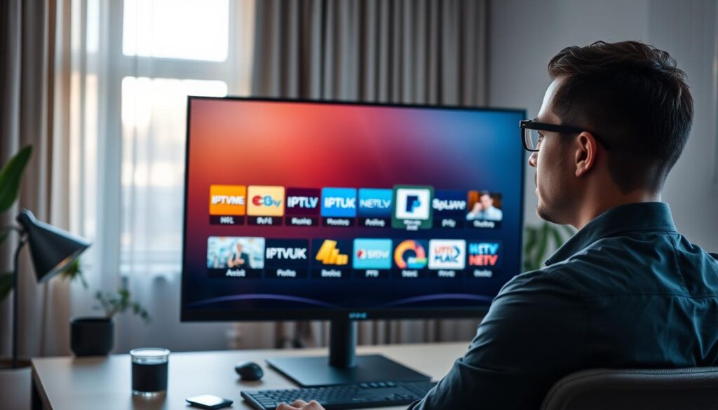 A modern, sleek home office setting featuring a large computer monitor displaying the interface of an IPTV player. In the foreground, a professional-looking individual in smart casual attire is focused on the screen, contemplating their options. The middle ground highlights various IPTV player icons arranged neatly on the monitor, showcasing vibrant colors and distinct designs, with a clear emphasis on the brand "IPTVVUK.COM" prominently featured among them. The background includes a well-organized desk with minimalistic decor, soft ambient lighting creating a warm and inviting atmosphere. A subtle lens blur adds depth to the scene, with natural light streaming in through a window, enhancing the feeling of productivity and choice. A modern, sleek home office setting featuring a large computer monitor displaying the interface of an IPTV player. In the foreground, a professional-looking individual in smart casual attire is focused on the screen, contemplating their options. The middle ground highlights various IPTV player icons arranged neatly on the monitor, showcasing vibrant colors and distinct designs, with a clear emphasis on the brand "IPTVVUK.COM" prominently featured among them. The background includes a well-organized desk with minimalistic decor, soft ambient lighting creating a warm and inviting atmosphere. A subtle lens blur adds depth to the scene, with natural light streaming in through a window, enhancing the feeling of productivity and choice.