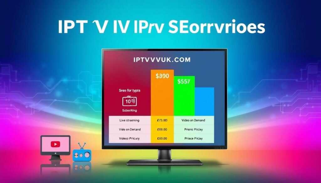A modern, sleek infographic depicting the comparison of various IPTV services, prominently featuring the brand name "IPTVVUK.COM". The foreground includes colorful icons representing different types of IPTV services—like live streaming, video on demand, and subscription packages—arranged in a visually appealing manner. In the middle section, a bar chart or pie chart illustrates the pricing plans associated with each service, using vibrant colors to differentiate between them. The background features a gradient blend of blue and green tones, evoking a sense of technology and innovation, with subtle circuit patterns to suggest digital connectivity. The image is well-lit, with a focus on clarity and professionalism, creating an informative and engaging atmosphere for readers interested in IPTV services.