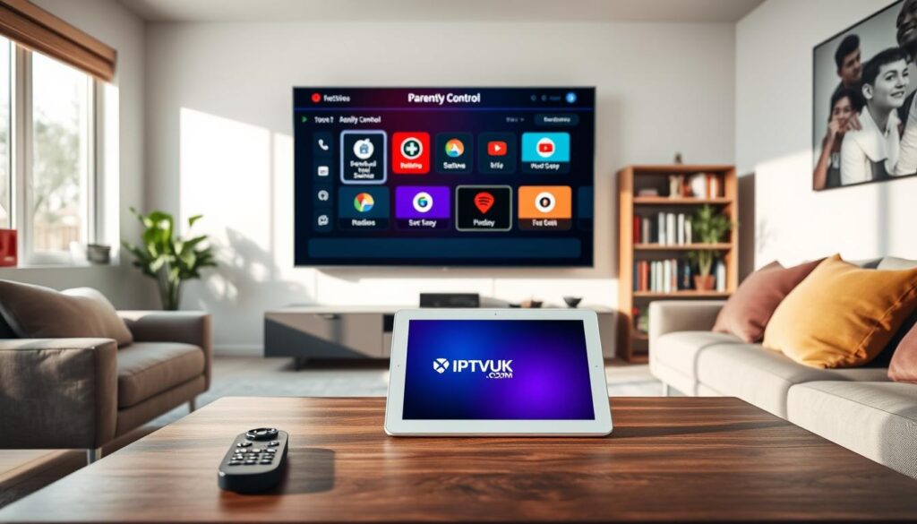 A modern, sleek living room interior featuring a large flat-screen TV displaying a vibrant parental control interface for IPTV services. In the foreground, a stylish coffee table with a remote control and a tablet, showcasing the IPTVVUK.COM logo on its screen. The middle ground includes a comfortable sofa with cushions, and a bookshelf filled with family-friendly media. In the background, soft natural light streams through a window, illuminating the space and creating a warm, inviting atmosphere. The scene conveys a sense of safety and control, perfect for families considering IPTV options. Use a wide-angle lens to capture the room's depth and ensure the colors are bright yet balanced, emphasizing a secure and legal streaming environment.