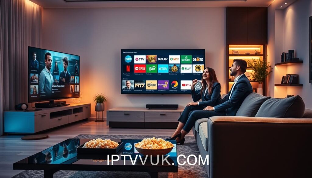 A modern, sleek living room setup featuring a large flat-screen TV displaying an IPTV streaming interface, showcasing various channel icons. In the foreground, a stylish coffee table with a remote control and a bowl of popcorn. The middle ground includes a comfortable sofa with a couple of people—dressed in professional business attire—enthusiastically discussing what to watch next. The background is a softly lit room with decorative elements like plants and bookshelves, casting a warm atmosphere. Emphasize a futuristic feel with ambient LED lighting illuminating the corners. The overall mood is engaging and tech-savvy, conveying the essence of IPTV technology. Include a subtle watermark of "IPTVVUK.COM" incorporated seamlessly into the design. A modern, sleek living room setup featuring a large flat-screen TV displaying an IPTV streaming interface, showcasing various channel icons. In the foreground, a stylish coffee table with a remote control and a bowl of popcorn. The middle ground includes a comfortable sofa with a couple of people—dressed in professional business attire—enthusiastically discussing what to watch next. The background is a softly lit room with decorative elements like plants and bookshelves, casting a warm atmosphere. Emphasize a futuristic feel with ambient LED lighting illuminating the corners. The overall mood is engaging and tech-savvy, conveying the essence of IPTV technology. Include a subtle watermark of "IPTVVUK.COM" incorporated seamlessly into the design.