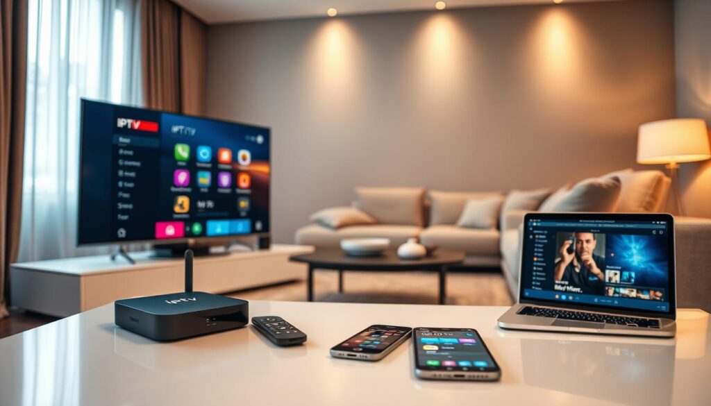 A modern, sleek living room showcasing various devices compatible with IPTV services like IPTVVUK.COM. In the foreground, a smart TV displays an interactive IPTV interface, blending seamlessly with the aesthetic. An elegant streaming box sits next to the TV, while a tablet and smartphone are casually placed on the coffee table, highlighting versatility. In the middle ground, a laptop with a streaming service open indicates multiple device options. The background features soft, warm lighting from lamps, creating a cozy atmosphere. Use a wide-angle lens to capture the entire scene, emphasizing the range of devices in a harmonious, inviting setup that illustrates seamless integration and user-friendliness.