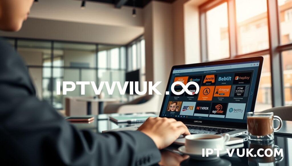 A modern, sleek office environment showcasing a professional individual, dressed in business attire, analyzing various IPTV service options on a laptop. In the foreground, the laptop screen displays a comparison of top-rated streaming services, with user-friendly interface elements like pricing and features. The middle layer features a stylish desk with a smartphone, notepad, and a cup of coffee, all reflecting a focused yet relaxed atmosphere. In the background, large windows let in natural light, illuminating the modern office architecture and creating an inviting mood. The color palette is warm and professional, emphasizing the importance of making informed IPTV service choices. Include the brand name "IPTVVUK.COM" subtly integrated into the scene within the context of the laptop screen.