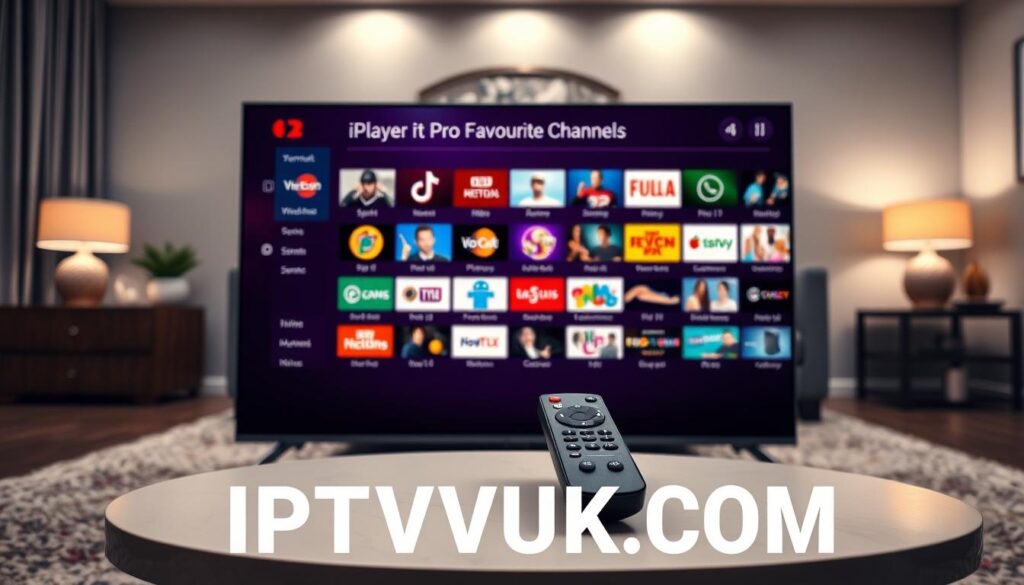 A modern, sleek user interface showcasing the "IPTV Player Pro Favourite Channels" on a digital screen. The foreground features a high-resolution close-up of a smart TV displaying a vibrant, organized channel list filled with visually appealing icons representing different genres like sports, news, and entertainment. In the middle, an elegant remote control rests on a stylish coffee table, hinting at user interaction. The background depicts a cozy living room with soft ambient lighting, highlighting a contemporary sofa and decorative elements, creating a comfortable viewing atmosphere. The mood is inviting and sophisticated, perfect for tech-savvy viewers. The brand name "IPTVVUK.COM" subtly integrated into the design enhances the overall sleek look without any text overlays or distractions. A modern, sleek user interface showcasing the "IPTV Player Pro Favourite Channels" on a digital screen. The foreground features a high-resolution close-up of a smart TV displaying a vibrant, organized channel list filled with visually appealing icons representing different genres like sports, news, and entertainment. In the middle, an elegant remote control rests on a stylish coffee table, hinting at user interaction. The background depicts a cozy living room with soft ambient lighting, highlighting a contemporary sofa and decorative elements, creating a comfortable viewing atmosphere. The mood is inviting and sophisticated, perfect for tech-savvy viewers. The brand name "IPTVVUK.COM" subtly integrated into the design enhances the overall sleek look without any text overlays or distractions.
