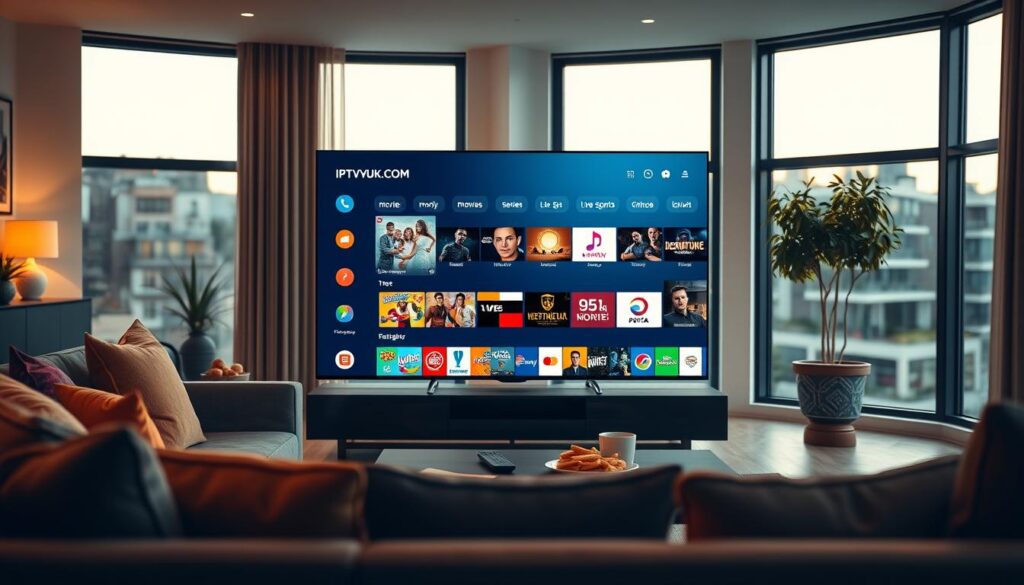A modern, stylish living room featuring a sleek smart TV displaying a vibrant IPTV content selection interface from IPTVVUK.COM. In the foreground, a cozy couch adorned with colorful cushions invites relaxation, while a coffee table holds a remote control and snacks. The middle ground showcases the smart TV with a dynamic, user-friendly menu showcasing various streaming categories like movies, series, and live sports, depicted in an engaging layout. In the background, large windows allow natural daylight to flood the room, illuminating the décor with warm, inviting tones. The atmosphere is relaxed and comfortable, enhancing the sense of enjoyment in selecting IPTV content. The lighting is soft, capturing a cozy evening ambiance, with a shallow depth of field emphasizing the TV interface as the focal point.