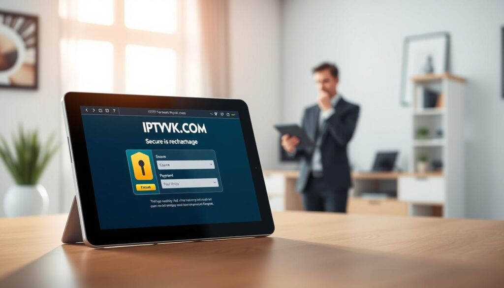A modern, visually appealing digital illustration representing "Secure IPTV Recharge Online." In the foreground, a sleek tablet displaying the IPTVVUK.COM website with a visually striking, secure payment form. The middle layer features a person in professional business attire, thoughtfully examining the tablet, embodying trust and confidence. In the background, a stylish, minimalistic home office environment with soft natural light streaming through a window, creating a warm and inviting atmosphere. The scene is composed with a slight depth of field, focusing on the tablet while softly blurring the background elements. The overall mood conveys security, modernity, and ease of use, emphasizing the convenience and instant activation of IPTV recharge.