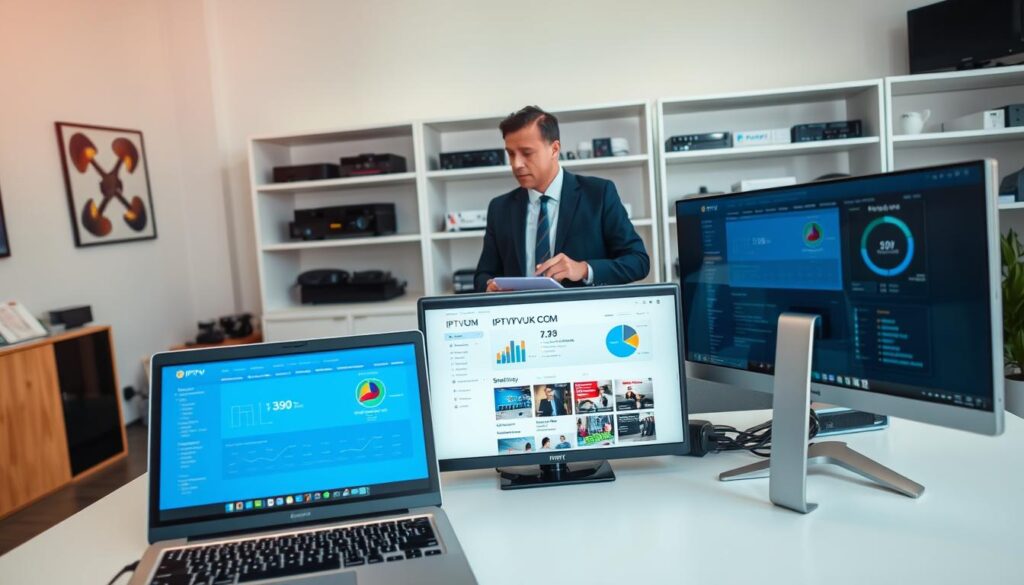 A modern workspace depicting the setup of an IPTV reselling business. In the foreground, a sleek desk features high-end technology such as dual monitors displaying IPTV interfaces and analytics dashboards. Include a laptop with an open IPTVVUK.COM webpage. In the middle, a person wearing professional business attire, appearing focused and engaged, discusses strategies with a colleague, using a notepad. The background showcases a well-organized office with shelves containing IPTV equipment and promotional materials. Soft, natural lighting illuminates the room, creating a productive atmosphere. The camera angle is slightly from above, offering a clear view of the work environment while maintaining a sense of professionalism.