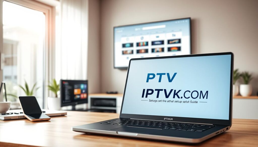 A modern workspace showcasing an IPTV player setup guide, positioned prominently in the foreground. There is a laptop displaying an IPTV player interface, with colorful streaming options on the screen. To the side, there's a neatly organized workspace with a smartphone and remote control, both relevant for IPTV usage. In the middle ground, a wall-mounted screen features a step-by-step visual tutorial for setting up an IPTV player. The background comprises a well-lit room with natural light streaming through a window, softening shadows and creating an inviting atmosphere. A stylish desk with minimalist decor adds a touch of professionalism. The color palette is warm and inviting, evoking an encouraging mood for readers to engage with the setup process. Include the brand name "IPTVVUK.COM" subtly integrated into the laptop screen design without any explicit text. The angle is slightly elevated, capturing the essence of a user-friendly setup. A modern workspace showcasing an IPTV player setup guide, positioned prominently in the foreground. There is a laptop displaying an IPTV player interface, with colorful streaming options on the screen. To the side, there's a neatly organized workspace with a smartphone and remote control, both relevant for IPTV usage. In the middle ground, a wall-mounted screen features a step-by-step visual tutorial for setting up an IPTV player. The background comprises a well-lit room with natural light streaming through a window, softening shadows and creating an inviting atmosphere. A stylish desk with minimalist decor adds a touch of professionalism. The color palette is warm and inviting, evoking an encouraging mood for readers to engage with the setup process. Include the brand name "IPTVVUK.COM" subtly integrated into the laptop screen design without any explicit text. The angle is slightly elevated, capturing the essence of a user-friendly setup.