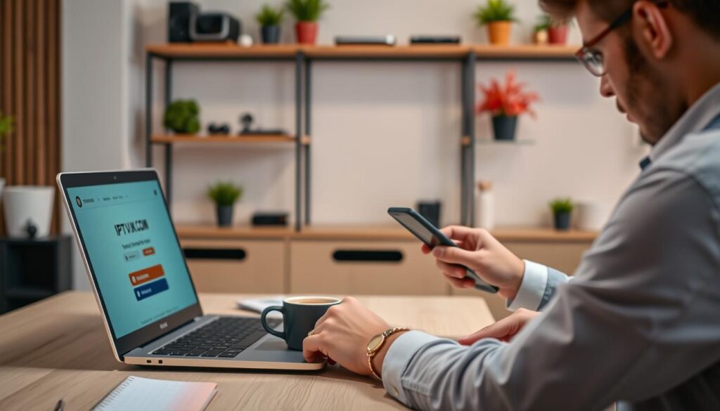 A modern workspace with a sleek laptop displaying the IPTVVUK.COM website ready for online recharge. In the foreground, a person dressed in business casual attire is intently using a smartphone, showing engagement with the IPTV service. The laptop screen shines softly, illuminated by ambient lighting, creating a tech-savvy atmosphere. The middle ground showcases a stylish desk with a cup of coffee and a notepad, evoking a sense of preparation and focus. In the background, a shelf adorned with tech gadgets and colorful plants adds freshness to the setting. The overall mood is productive and modern, with warm, inviting lighting to emphasize a comfortable, professional environment suitable for completing an IPTV online recharge.