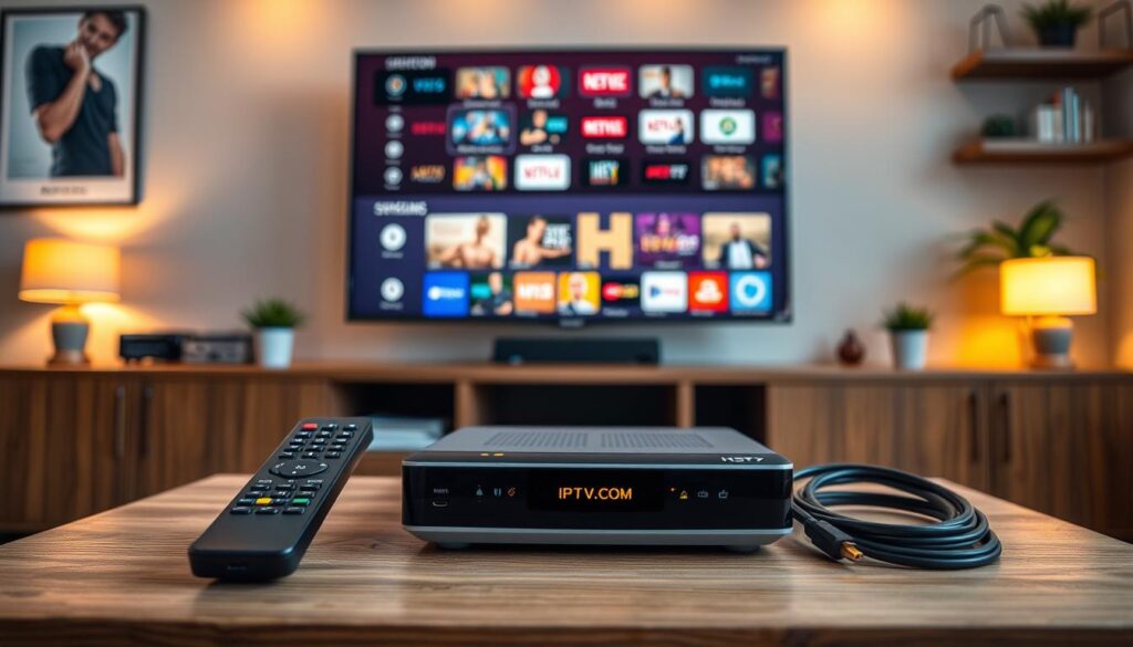 A neatly organized IPTV box setup on a modern wooden media console. In the foreground, an IPTV box labeled "IPTVVUK.COM" displays LED indicators, surrounded by a remote control and a high-quality HDMI cable. In the middle, a flat-screen TV towers above the console, with various streaming service icons vividly shown on the screen. Behind, a cozy living room atmosphere is created with warm lighting, soft ambient light from table lamps, and a few decorative elements like plants and books on shelves. Capture the scene from a slightly elevated angle to showcase the IPTV box and TV clearly. The overall mood is inviting and tech-savvy, perfect for cord-cutters looking to enhance their viewing experience. A neatly organized IPTV box setup on a modern wooden media console. In the foreground, an IPTV box labeled "IPTVVUK.COM" displays LED indicators, surrounded by a remote control and a high-quality HDMI cable. In the middle, a flat-screen TV towers above the console, with various streaming service icons vividly shown on the screen. Behind, a cozy living room atmosphere is created with warm lighting, soft ambient light from table lamps, and a few decorative elements like plants and books on shelves. Capture the scene from a slightly elevated angle to showcase the IPTV box and TV clearly. The overall mood is inviting and tech-savvy, perfect for cord-cutters looking to enhance their viewing experience.