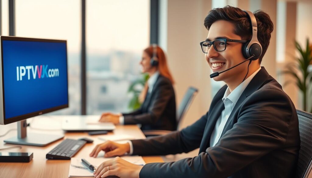 A professional IPTV customer support scene, featuring a friendly customer service representative wearing smart business attire, sitting at a modern desk with a headset on. In the foreground, the representative is focused on a computer screen displaying IPTVVUK.COM's branding. The middle layer includes a neatly organized workspace with tech gadgets, paperwork, and an open notebook, emphasizing a sense of efficiency and support. The background shows a softly lit office with soothing colors, perhaps a window revealing a gentle cityscape outside, creating a calm and inviting atmosphere. The lighting is warm and natural, simulating an afternoon in an inviting office setting, highlighting the professionalism and approachability of the support team.