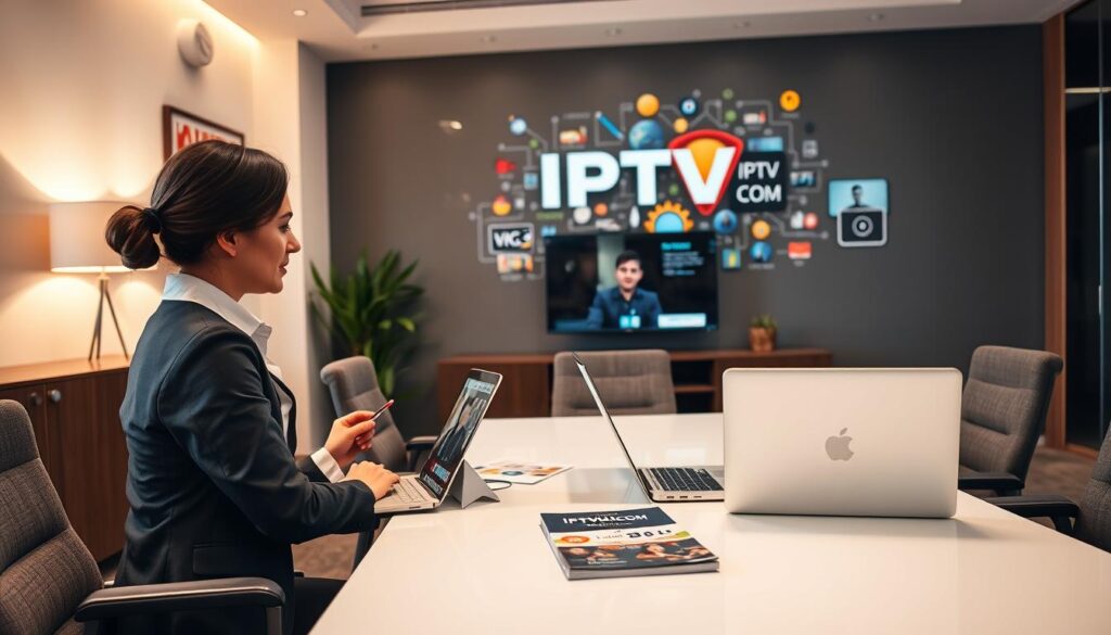 A professional IPTV reseller marketing scene set in a sleek, modern office. In the foreground, a young businesswoman dressed in smart business attire is engaged in a video call, showcasing IPTV services on her laptop. The middle ground features an elegant conference table with promotional materials displaying the brand name "IPTVVUK.COM" and colorful brochures. In the background, trendy wall art depicting digital media concepts enhances the atmosphere. Soft, warm lighting illuminates the space, creating an inviting and professional mood. A camera angle captures both the businesswoman and the vibrant office environment, emphasizing innovation and creativity in marketing strategies for an IPTV reseller business.
