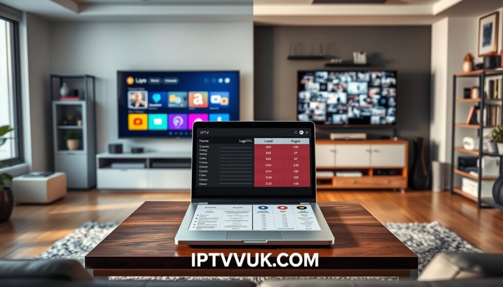 A professional and informative comparison of legal and illegal IPTV services, featuring a split-screen design. In the foreground, on the left, a sleek, modern living room with a TV displaying a legal IPTV service interface, characterized by vibrant colors and user-friendly navigation. On the right, a contrasting scene depicting a dimly lit, cluttered room with an old TV showing an illegal IPTV stream, using muted tones and a chaotic layout. In the middle ground, a stylish coffee table showcasing a laptop with charts comparing features, prices, and legality of various services. The background should include soft focus elements like bookshelves and decor to enhance the atmosphere of a serious discussion about safe streaming options. Use natural lighting to convey a sense of clarity and professionalism. The brand name “IPTVVUK.COM” should be subtly integrated into the design elements without overwhelming the composition. A professional and informative comparison of legal and illegal IPTV services, featuring a split-screen design. In the foreground, on the left, a sleek, modern living room with a TV displaying a legal IPTV service interface, characterized by vibrant colors and user-friendly navigation. On the right, a contrasting scene depicting a dimly lit, cluttered room with an old TV showing an illegal IPTV stream, using muted tones and a chaotic layout. In the middle ground, a stylish coffee table showcasing a laptop with charts comparing features, prices, and legality of various services. The background should include soft focus elements like bookshelves and decor to enhance the atmosphere of a serious discussion about safe streaming options. Use natural lighting to convey a sense of clarity and professionalism. The brand name “IPTVVUK.COM” should be subtly integrated into the design elements without overwhelming the composition.