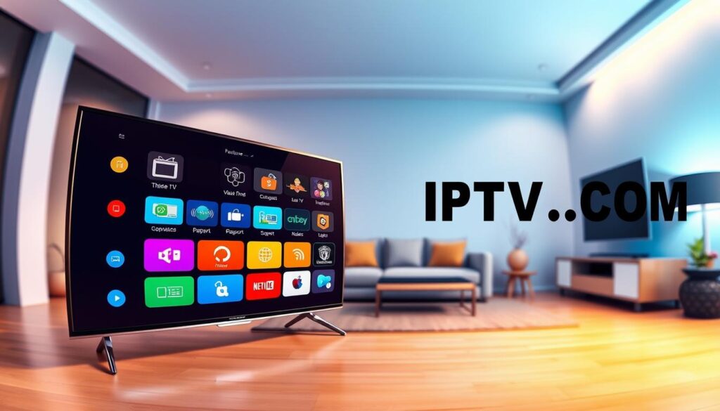 A professional and informative digital illustration showcasing the key features of IPTV applications. In the foreground, a sleek smart TV displays vibrant icons representing features like live TV, video on demand, multi-device support, and user-friendly interface, all arranged in a visually appealing layout. The middle ground includes a modern living room setting with a comfortable couch, emphasizing a cozy and entertaining atmosphere. In the background, a subtle gradient of blues and whites symbolizes the digital world of streaming and connectivity. Soft, warm lighting enhances the inviting mood, while a fish-eye lens effect gives a dynamic perspective. The brand name "IPTVVUK.COM" is subtly integrated into the scene, creating a cohesive representation of secure streaming technology.