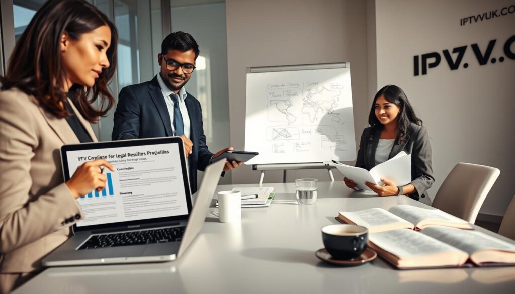 A professional conference room setting, with a diverse group of three business professionals discussing legal considerations for IPTV resellers. In the foreground, a smartly dressed Caucasian woman points at a laptop screen displaying charts and legal documents related to IPTV compliance. Beside her, a focused Black man, wearing glasses, takes notes on a tablet. A South Asian woman visualizes potential market opportunities on a whiteboard behind them. The middle ground features a modern conference table, coffee cups, and legal books open. The background includes large windows with natural light streaming in, enhancing a collaborative atmosphere. On a side wall, the logo "IPTVVUK.COM" is subtly displayed. The mood is serious yet dynamic, highlighting the importance of understanding legal frameworks in a digital business environment.