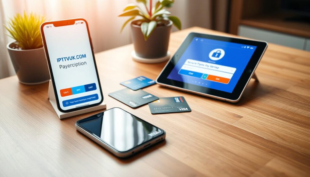 A professional-looking flat lay of various IPTV subscription payment options, displayed on a sleek wooden desk. In the foreground, a smartphone shows the IPTVVUK.COM logo with a digital payment interface visible on the screen. In the middle, there are neatly arranged payment cards (credit and debit), along with a small tablet showcasing a secure payment gateway. In the background, a potted plant adds a touch of greenery, while soft natural daylight streams in, creating a serene atmosphere. Use a warm color palette with an emphasis on blues and greens for a modern, trustworthy feel. The image should be well-composed, reflecting professionalism and security in online transactions.