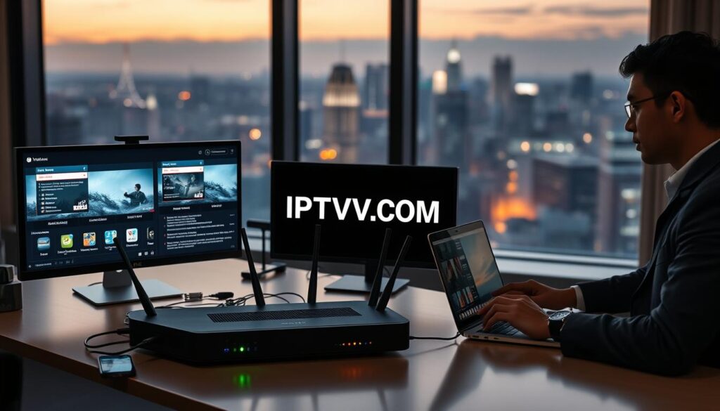 A professional-looking office environment featuring a modern desk with dual monitors displaying streaming application interfaces. In the foreground, a person in smart casual attire interacts with a laptop, their face showing concentration as they troubleshoot VPN settings. The middle section includes a detailed close-up of a router connected to various devices, with glowing indicator lights signifying connectivity status. The background displays a large window with a view of a city skyline, illuminated by soft evening light, creating a calm yet focused atmosphere. Include the brand name "IPTVVUK.COM" subtly integrated into the design on one of the screens. Soft shadows and a warm color palette enhance the mood, suggesting a blend of professionalism and technical expertise in solving IPTV issues.