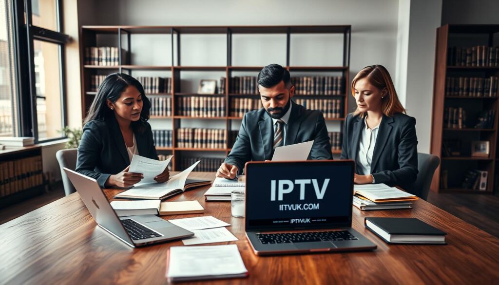 A professional office setting highlighting IPTV legal considerations. In the foreground, a diverse group of three professionals in smart business attire (a Black woman, a South Asian man, and a Caucasian woman) discussing and analyzing documents related to IPTV regulations. The middle features a large wooden table filled with legal books, notes, and a laptop displaying a legal database website with the logo "IPTVVUK.COM." In the background, shelves filled with law books and a large window letting in natural light, creating an atmosphere of collaboration and professionalism. The overall mood is serious yet focused, emphasizing the importance of legal discussions in the IPTV landscape. The lighting should be warm and inviting, capturing the essence of an engaging workplace.