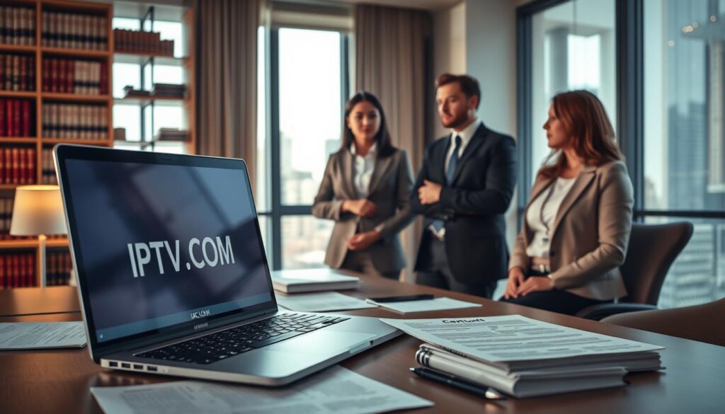 A professional office setting with a modern feel, featuring a well-organized desk with legal documents related to IPTV regulations, such as contracts and compliance guidelines. In the foreground, a laptop displays a streaming interface labeled "IPTVVUK.COM" on the screen, illuminated by soft, natural light from a nearby window. In the middle ground, a diverse group of three individuals in professional attire discuss the significance of legal considerations for IPTV systems, their expressions focused and engaged. In the background, shelves filled with law books and a large window showing a cityscape provide context, enhancing the serious and informative atmosphere of the scene. The overall mood is one of professionalism and diligence, with warm lighting that invites a sense of trust and security.