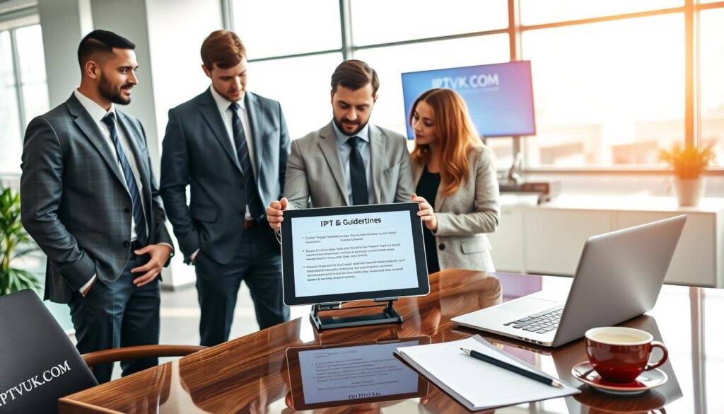 A professional setting depicting an office environment focused on IPTV safety tips. In the foreground, a diverse group of three individuals (two men and one woman) wearing business attire, attentively reviewing a digital tablet displaying IPTV safety guidelines. The middle ground features an elegantly designed desk with a laptop, a notepad, and a cup of coffee, symbolizing a workspace dedicated to IPTV legal considerations. The background showcases a modern office with bright, natural lighting streaming through large windows, creating a warm and inviting atmosphere. A subtle element of the brand "IPTVVUK.COM" is present, such as a logo on a wall or a digital display. The scene reflects a mood of professionalism and awareness, emphasizing the importance of safety and compliance for IPTV users in the UK. A professional setting depicting an office environment focused on IPTV safety tips. In the foreground, a diverse group of three individuals (two men and one woman) wearing business attire, attentively reviewing a digital tablet displaying IPTV safety guidelines. The middle ground features an elegantly designed desk with a laptop, a notepad, and a cup of coffee, symbolizing a workspace dedicated to IPTV legal considerations. The background showcases a modern office with bright, natural lighting streaming through large windows, creating a warm and inviting atmosphere. A subtle element of the brand "IPTVVUK.COM" is present, such as a logo on a wall or a digital display. The scene reflects a mood of professionalism and awareness, emphasizing the importance of safety and compliance for IPTV users in the UK.