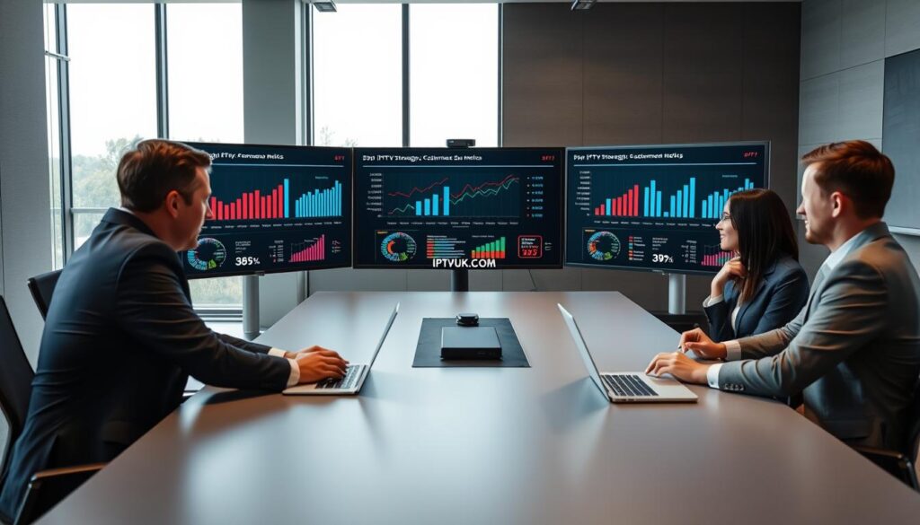 A professional setting illustrating the testing methodology for IPTV services, featuring a sleek conference room with a large table and multiple monitors displaying IPTV streaming performance metrics. In the foreground, a diverse group of three professionals—two in business suits and one in smart casual attire—are engaged in discussion, analyzing data on a laptop. The middle section showcases detailed charts and graphs depicting signal strength, reliability, and customer satisfaction metrics on the screens. In the background, large windows let in natural light, creating a bright and open atmosphere. The overall mood is collaborative and focused, capturing the essence of thorough evaluation and testing. Include the brand logo "IPTVVUK.COM" subtly on one of the monitors.