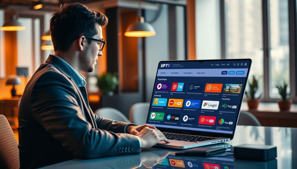 A professional, sleek image representing "IPTV subscription management" in a modern digital interface. In the foreground, a user in professional business attire sits at a contemporary desk, focused on a laptop displaying the IPTVVUK.COM subscription management dashboard. The middle ground features vibrant icons representing various subscription options and payment methods, arranged in a user-friendly layout. The background showcases a stylish, tech-inspired office, with warm lighting illuminating the scene, emphasizing a productive atmosphere. The angle is slightly tilted to create depth, highlighting the vibrant colors of the interface against the more subdued tones of the office. Overall, the mood is of efficiency and ease in navigating IPTV services, perfectly suited to illustrate the theme of managing subscriptions.