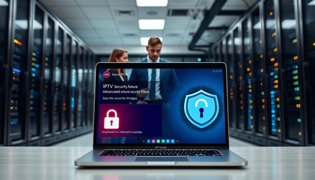 A secure IPTV environment showcasing advanced security features in a modern setting. In the foreground, a sleek laptop displays a user interface with encrypted content and firewall icons, symbolizing robust security measures. The middle layer features professionals in business attire discussing over the laptop, emphasizing collaboration and expertise in IPTV services. In the background, a sophisticated server room with blinking lights and high-tech equipment showcases the infrastructure supporting IPTV security. The lighting is bright and focused, creating a professional atmosphere. The overall mood conveys trust and reliability, reflecting the commitment of providers like IPTVVUK.COM to ensuring safe and secure viewing experiences.