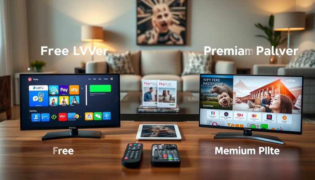 A side-by-side comparison of free and premium IPTV players, prominently featuring the brand "IPTVVUK.COM". In the foreground, two sleek digital devices displaying vibrant user interfaces: one showcasing a colorful free player with a simple layout and the other featuring an elegant premium player with advanced features. In the middle ground, a coffee table with streaming-related accessories—remote controls, subscription brochures, and a tablet. The background features a cozy living room setting with warm lighting, soft shadows, and comfortable furniture. The atmosphere is inviting, emphasizing a tech-savvy lifestyle. Utilize a wide-angle lens to capture depth, and highlight the contrast between the casual and sophisticated designs of the IPTV players, reflecting the differences discussed in the article section. A side-by-side comparison of free and premium IPTV players, prominently featuring the brand "IPTVVUK.COM". In the foreground, two sleek digital devices displaying vibrant user interfaces: one showcasing a colorful free player with a simple layout and the other featuring an elegant premium player with advanced features. In the middle ground, a coffee table with streaming-related accessories—remote controls, subscription brochures, and a tablet. The background features a cozy living room setting with warm lighting, soft shadows, and comfortable furniture. The atmosphere is inviting, emphasizing a tech-savvy lifestyle. Utilize a wide-angle lens to capture depth, and highlight the contrast between the casual and sophisticated designs of the IPTV players, reflecting the differences discussed in the article section.