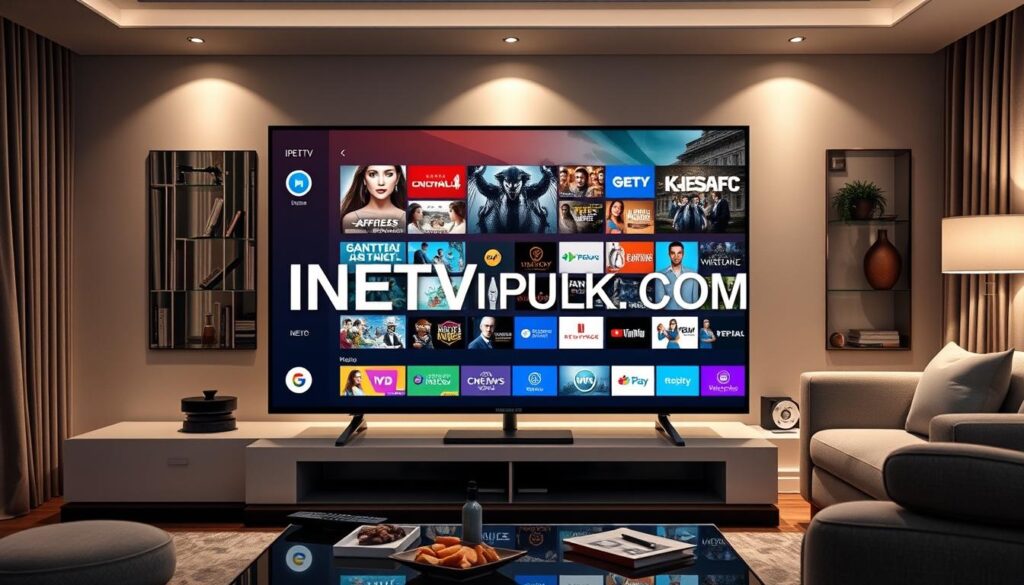 A sleek NET IPTV interface displayed on a modern smart television screen in a stylish living room. In the foreground, the TV shows a crisp, user-friendly menu with vibrant thumbnails of various channels and streaming options, emphasizing the diversity of content available. The middle layer includes a contemporary coffee table with a few remote controls and snacks, creating a casual viewing atmosphere. In the background, soft lighting illuminates the room, highlighting elegant decor and a comfortable sofa, imparting a cozy yet high-tech feel. The image conveys a sense of innovation and accessibility in entertainment. Prominently feature the brand name "IPTVVUK.COM" on the interface in a subtle and integrated manner, ensuring it complements the overall aesthetic without being overpowering.