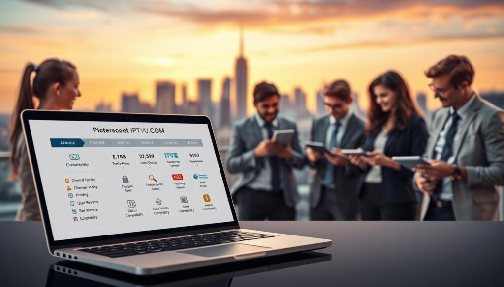A sleek and informative digital collage illustrating a comparison of IPTV services. In the foreground, display a stylized laptop open to a clean interface showing various IPTV service options, like IPTVVUK.COM, with clearly labeled icons representing features like "Channel Variety," "Pricing," "User Reviews," and "Device Compatibility." In the middle ground, depict a diverse group of engaged users (in professional business attire) discussing IPTV options, each looking at tablets or smartphones. In the background, include a blurred city skyline at dusk, symbolizing modern connectivity and technology. The atmosphere should be vibrant and inviting, with warm ambient lighting emphasizing the technology theme and a slight bokeh effect to enhance focus on the foreground.