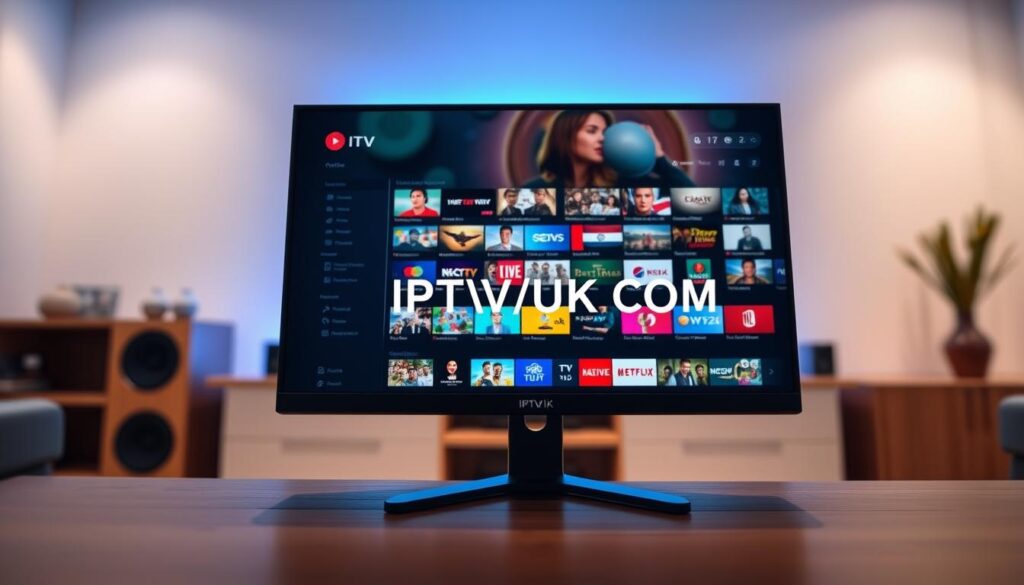 A sleek and modern IPTV player interface displayed on a high-resolution desktop screen, showcasing a user-friendly design. In the foreground, the interface features vibrant thumbnails of various streaming channels and categories, arranged in an aesthetically pleasing grid layout. In the middle ground, the screen is illuminated by a soft, professional blue light, enhancing the clarity of the interface elements, while the background subtly fades into a blurred home entertainment setting, complete with a stylish TV unit. The atmosphere is tech-savvy and inviting, suggesting ease of use. The brand name "IPTVVUK.COM" is integrated into the design, reflecting professionalism and quality in IPTV streaming. The perspective captures a slightly angled view, giving depth to the scene while maintaining focus on the interface. Well-balanced lighting emphasizes the modern UI, creating a warm, engaging mood. A sleek and modern IPTV player interface displayed on a high-resolution desktop screen, showcasing a user-friendly design. In the foreground, the interface features vibrant thumbnails of various streaming channels and categories, arranged in an aesthetically pleasing grid layout. In the middle ground, the screen is illuminated by a soft, professional blue light, enhancing the clarity of the interface elements, while the background subtly fades into a blurred home entertainment setting, complete with a stylish TV unit. The atmosphere is tech-savvy and inviting, suggesting ease of use. The brand name "IPTVVUK.COM" is integrated into the design, reflecting professionalism and quality in IPTV streaming. The perspective captures a slightly angled view, giving depth to the scene while maintaining focus on the interface. Well-balanced lighting emphasizes the modern UI, creating a warm, engaging mood.