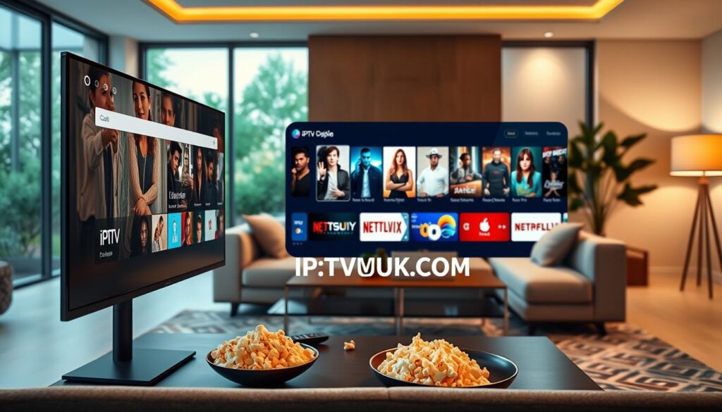 A sleek and modern IPTV player interface displayed on a high-resolution screen in the foreground, showcasing vibrant streaming options with colorful thumbnails of various shows and movies. In the middle ground, a stylish living room scene features a comfortable sofa and an elegant coffee table, with a remote control and a bowl of popcorn. Soft, ambient lighting enhances the cozy atmosphere, giving a warm glow to the space. In the background, large windows let in natural light, with a hint of greenery outside, suggesting a serene environment. The overall mood is inviting and relaxed, perfect for enjoying entertainment. Include the brand name "IPTVVUK.COM" subtly integrated into the IPTV player interface without any text overlays or logos. A sleek and modern IPTV player interface displayed on a high-resolution screen in the foreground, showcasing vibrant streaming options with colorful thumbnails of various shows and movies. In the middle ground, a stylish living room scene features a comfortable sofa and an elegant coffee table, with a remote control and a bowl of popcorn. Soft, ambient lighting enhances the cozy atmosphere, giving a warm glow to the space. In the background, large windows let in natural light, with a hint of greenery outside, suggesting a serene environment. The overall mood is inviting and relaxed, perfect for enjoying entertainment. Include the brand name "IPTVVUK.COM" subtly integrated into the IPTV player interface without any text overlays or logos.