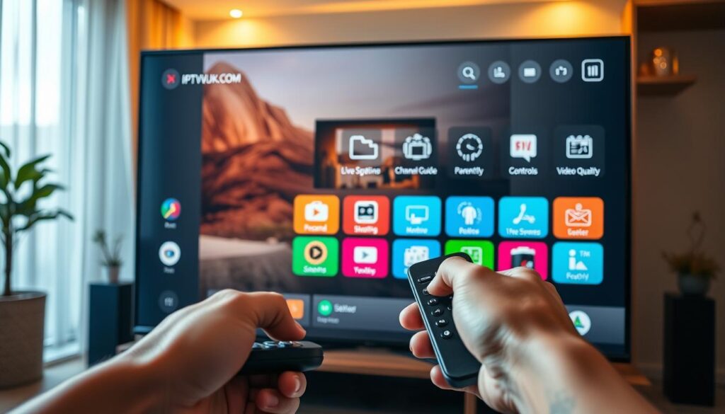 A sleek and modern IPTV player interface displayed on a high-resolution screen, showcasing essential features like live streaming options, an intuitive channel guide, and a user-friendly menu. In the foreground, a hand using a remote control is reaching towards the screen, highlighting interactivity. The middle ground features vivid icons representing features like recording options, parental controls, and video quality settings. The background is a cozy living room setting with warm lighting, creating an inviting atmosphere for streaming. The image should portray a sense of innovation and user engagement, with a clear emphasis on the brand "IPTVVUK.COM". The angle is slightly tilted to create depth, and the overall mood is modern and informative, perfect for a tech-savvy audience. A sleek and modern IPTV player interface displayed on a high-resolution screen, showcasing essential features like live streaming options, an intuitive channel guide, and a user-friendly menu. In the foreground, a hand using a remote control is reaching towards the screen, highlighting interactivity. The middle ground features vivid icons representing features like recording options, parental controls, and video quality settings. The background is a cozy living room setting with warm lighting, creating an inviting atmosphere for streaming. The image should portray a sense of innovation and user engagement, with a clear emphasis on the brand "IPTVVUK.COM". The angle is slightly tilted to create depth, and the overall mood is modern and informative, perfect for a tech-savvy audience.