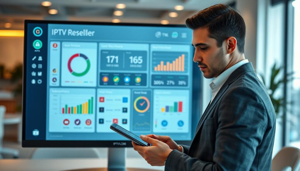 A sleek and modern IPTV reseller control panel interface displayed on a high-resolution computer screen, with a clean layout featuring vibrant graphs and charts showcasing subscriber statistics and revenue projections. In the foreground, a professional business person, dressed in a smart casual outfit, is intently analyzing the dashboard, with focused expression and hand poised over a tablet. In the middle, various sections of the control panel are visible, including icons for user management, billing, and content selection, all designed with a user-friendly aesthetic. The background is softly blurred, showcasing a contemporary office environment with ambient lighting, creating a focused yet inviting atmosphere. Include the brand name "IPTVVUK.COM" subtly integrated into the interface design, without any text overlays.
