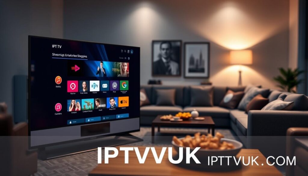A sleek and modern digital interface depicting the "IPTV Pro Player" application on a high-resolution smart TV screen. In the foreground, display a close-up of the IPTV interface showcasing vibrant on-screen features like streaming categories and live TV options. The middle section features a cozy living room setup with a stylish couch and a coffee table adorned with snacks, creating a relaxed viewing atmosphere. In the background, soft ambient lighting enhances the home setting, casting a warm glow. The image should evoke a sense of convenience and enjoyment of digital streaming. Use a subtle focus and a slight angle to give depth to the scene. The brand name "IPTVVUK.COM" should be subtly integrated into the design, ensuring it complements the overall aesthetic.