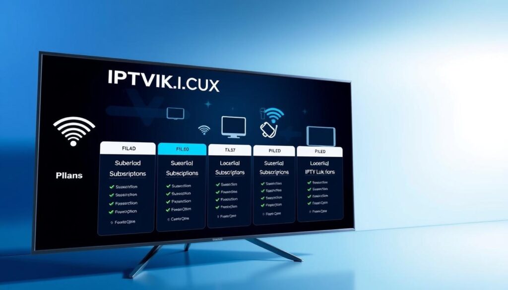 A sleek and modern digital interface showcasing IPTV Lux subscription plans, prominently featuring the brand name "IPTVVUK.COM." In the foreground, a well-organized layout of subscription tiers, expressed through stylish icons and a clean design, represents different pricing options. The middle layer includes graphical elements like Wi-Fi symbols and television screens, symbolizing connectivity and entertainment. The background is a soft gradient of blue and white, evoking a calm and professional atmosphere. Soft, diffused lighting accentuates the details and gives the image a polished look. A slightly angled perspective adds depth, inviting viewers to explore the plans. The overall mood is contemporary, informative, and engaging, perfect for tech-savvy audiences interested in streaming services.
