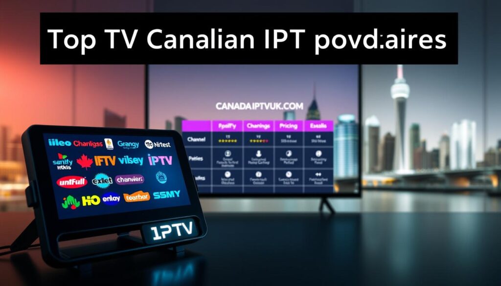 A sleek and modern digital interface showcasing a comparison of top Canadian IPTV providers, prominently featuring "IPTVVUK.COM". In the foreground, a high-tech device displaying various IPTV logos in vibrant colors, with a bright screen illuminating the surroundings. In the middle, a well-organized comparison chart with icons representing features like channels, pricing, and customer ratings. The background features a stylized city skyline, symbolizing the reach of these services across Canada. Soft, ambient lighting enhances the professional feel, while a slight bokeh effect blurs the background, keeping the focus on the IPTV comparison. The mood is informative and engaging, perfect for a tech-savvy audience.