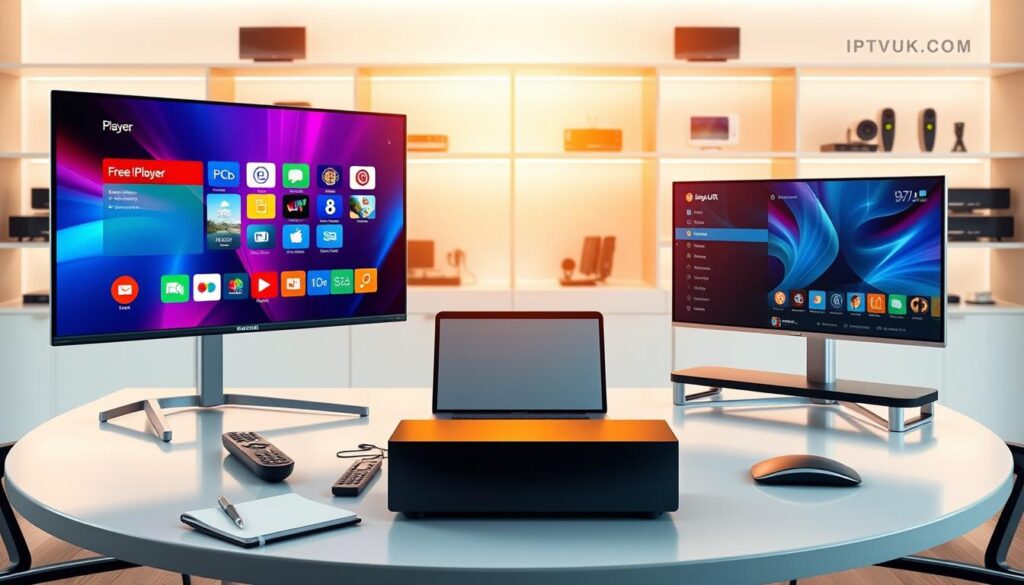 A sleek and modern digital workspace showcasing a comparison of IPTV players, featuring two large screens side by side in the foreground. One screen displays a vibrant free IPTV player interface with colorful icons, while the other highlights a premium IPTV player with a more refined, sleek design and advanced features. In the middle ground, a stylish desk is adorned with a laptop, remote controls, and a notepad for notes. The background features soft, blurred shelves with tech gadgets, creating a professional atmosphere. The lighting is bright and inviting, giving a sense of clarity and focus. The overall mood is informative and tech-savvy, with the brand name "IPTVVUK.COM" subtly integrated into the design elements.