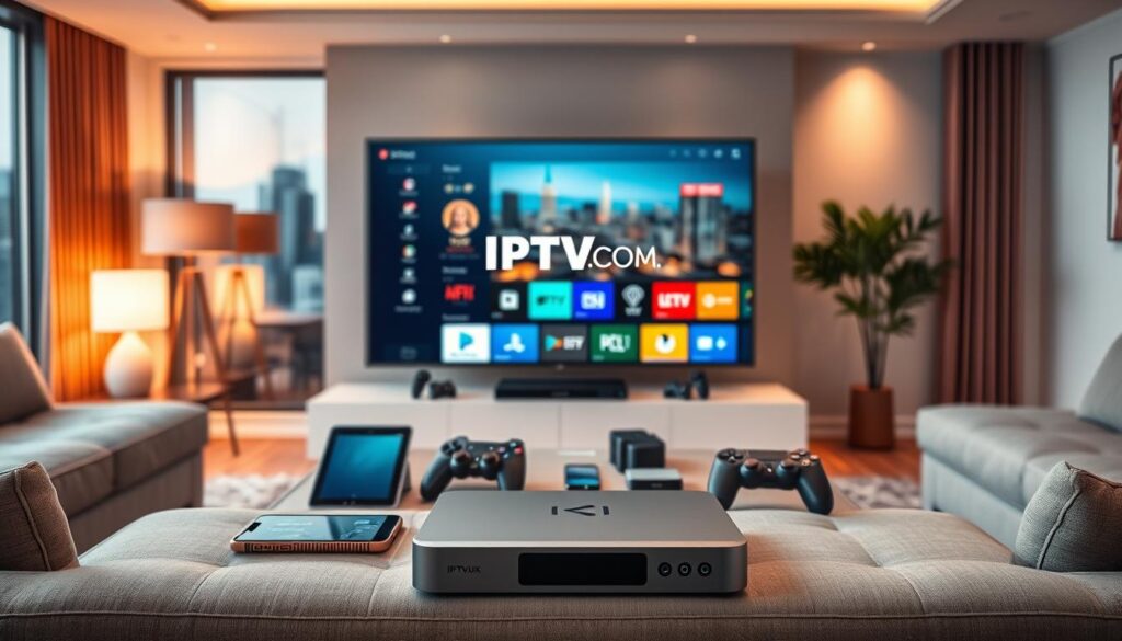 A sleek and modern living room featuring an IPTV device prominently displayed in the foreground, showcasing its colorful interface on a large flat-screen TV. In the middle ground, a stylish coffee table is adorned with various IPTV-compatible gadgets such as a tablet, smartphone, and a gaming console. The background reveals a cozy ambiance with subtle lighting, casting warm hues that evoke comfort and relaxation. Add a large window with a view of a city skyline to enhance the atmosphere. The scene should be inviting and tech-savvy, emphasizing the essential features of IPTV channels like compatibility and convenience. Ensure the brand "IPTVVUK.COM" is subtly integrated within the image, possibly on the IPTV device’s interface, without any text overlay.