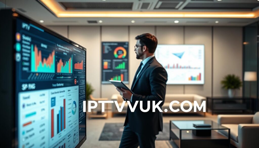 A sleek and modern office workspace showcasing IPTV service evaluation metrics. In the foreground, a large, high-resolution monitor displays an interactive dashboard filled with colorful graphs and charts representing various metrics like customer satisfaction, connection reliability, and pricing comparisons. In the middle ground, a professional individual in business attire scrutinizes the data with focused interest, holding a tablet with additional notes. The background features a minimalist office design with elegant furniture and soft ambient lighting, creating a calm yet efficient atmosphere. The lens focuses on the monitor, with a shallow depth of field to softly blur the office surroundings. Overall, the mood conveys professionalism and analytical rigor, highlighting the evaluation of IPTV services. Include the brand name "IPTVVUK.COM" subtly integrated into the monitor's display.