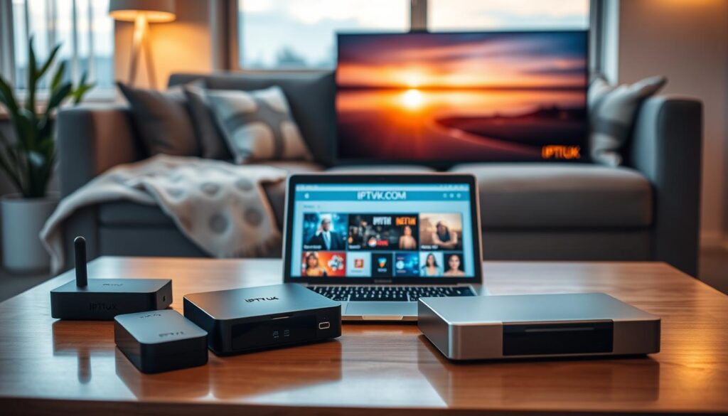 A sleek living room scene showcasing various IPTV Lux compatible devices arranged artistically on a coffee table. In the foreground, there's a smart TV displaying high-definition content, flanked by a media streaming device and a tablet. In the middle, a laptop is open, featuring the IPTVVUK.COM interface beautifully presented on the screen. The background is softly illuminated with warm, ambient lighting, creating a cozy atmosphere, and a large window reveals a sunset outside. A comfortable couch, adorned with decorative pillows, adds to the inviting feel, while a potted plant in the corner enhances the modern decor. The angle captures the devices distinctly, emphasizing their usability for watching content anywhere.